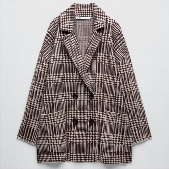 Zara Sweaters - Zara Houndstooth Brown Tan Sweater Blazer